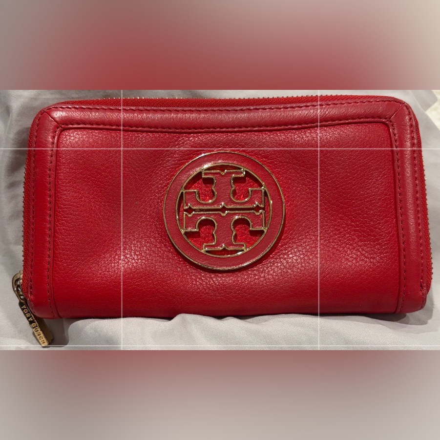 Tory Burch Red Leather Zip Around Wallet With Gold Logo Medallion